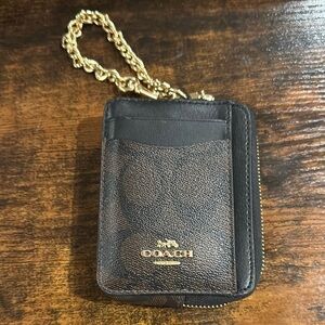 Coach Brown Leather Card Holder with Gold Chain